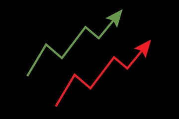Abstract financial chart illustration with red and green growth arrows on black background, representing economy, market analysis, business success, and stock trading trends.