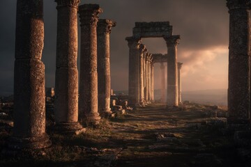 Naklejka premium Exploring ancient ruins coastal region digital art dramatic lighting landscape historical significance