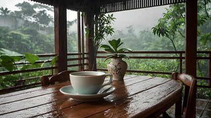 Sipping warm tea while reminiscing, watching the rainy season’s gentle rhythm, evoking peaceful memories, comfort, serenity, and cozy reflections of nature’s calm