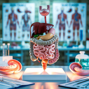 Detailed 3d anatomical model of the human digestive system with liver stomach intestines and esophagus displayed in a modern laboratory setting with medical charts in the background
