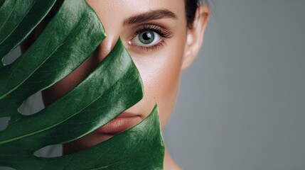 beautiful young woman with green monstera leaf over grey background and copy space beauty girl holding a large green tropical leaf and covers a part of her face bio green and ecological cosmetics no 