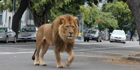 Majestic male lion walks across a city street past cars and trees animal