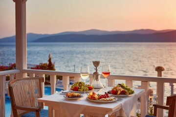 Romantic sunset dinner with wine and food on a balcony overlooking the sea