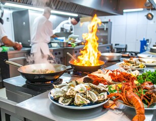 The art of culinary creation, featuring chefs flambé cooking in a professional restaurant kitchen with a lavish display of fresh oysters and lobster