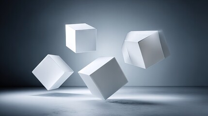 Fototapeta premium Floating white cubes in a minimalist setting.