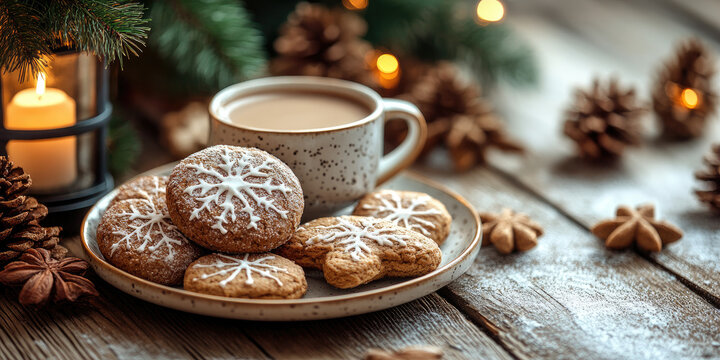 Weckmann bread and snowflake-shaped ginger cookies arranged on a wooden plate next to a cup of hot cocoa and a lit lantern, creating a cozy Martinstag atmosphere