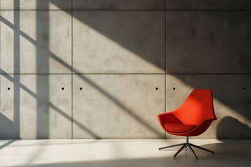 Minimalist interior with geometric decor, concrete walls, and a single vibrant color accent in a modern chair.