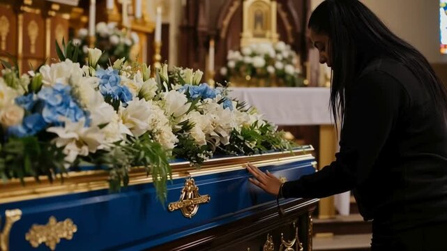 Woman Mourning Beside Blue Coffin with Flowers. A woman grieving as she touches a blue coffin adorned with a large bouquet of blue and white flowers. Evokes themes of loss and remembrance.