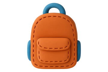 Cute 3D backpack icon with a clay or felt texture. Orange and blue school bag PNG clip art for a back-to-school design, educational app, or children's brand logo.