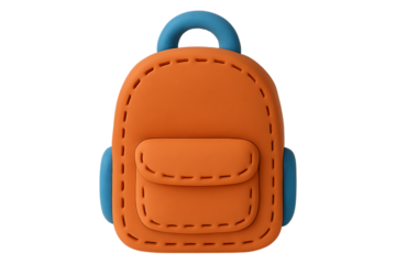 Cute 3D backpack icon with a clay or felt texture. Orange and blue school bag PNG clip art for a back-to-school design, educational app, or children's brand logo.