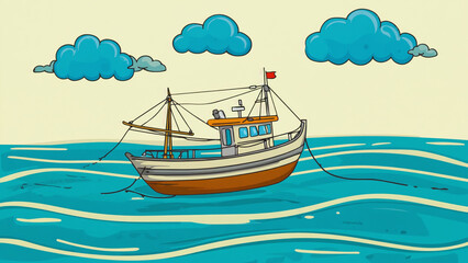 Fototapeta premium Fishing Boat Floating on Blue Water Under Cloudy Sky Illustration