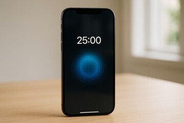 Smartphone timer showing 25 minutes with abstract blue circle interface on screen, placed on wooden table in soft natural light background. Ai generative