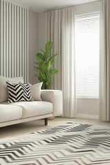 Naklejka premium Minimalist living room with vertical blinds, geometric rug, and neutral palette.