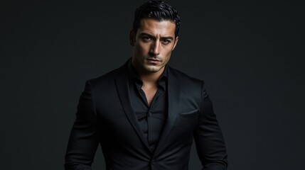 Obraz premium A 28-year-old man of Turkish bouncer descent with a muscular build, dark eyes, and short black hair, dressed in a tailored black suit that emphasizes his athletic figure