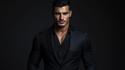 Obraz premium A 28-year-old man of Turkish bouncer descent with a muscular build, dark eyes, and short black hair, dressed in a tailored black suit that emphasizes his athletic figure