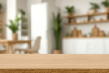 empty wooden table top blurred view of modern living room with sofa and soft bench. room interior with couch, armchair and coffee table or shelving units. stylish living room. comfortable workplace.