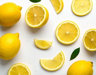 Top view flat lay of fresh ripe yellow lemons, citrus halves, and juicy slices scattered on a clean white background