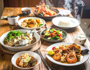 A traditional Thai cuisine dinner spread, featuring a steaming seafood feast and assorted dishes for a family style gathering