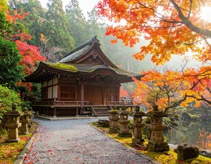 Obraz premium A tranquil Japanese temple bathed in the warm hues of autumn foliage, surrounded by ancient stone lanterns along a winding path