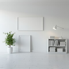 Minimalist Interior Design with Empty White Frames Bookshelf and Green Plant Providing Calm and Serene Aesthetic with Clean Lines