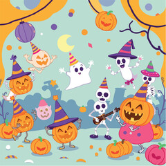 Fototapeta premium Cute Halloween party scene with pumpkins, ghosts, and skeletons in festive costumes, perfect for children’s seasonal design