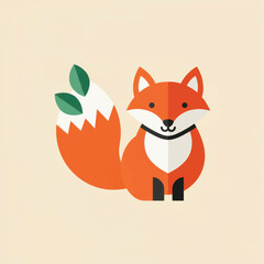 Obraz premium Charming sitting fox with a bushy tail and leaves rendered in a flat geometric style.