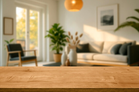 empty wooden table top blurred view of modern living room with sofa and soft bench. room interior with couch, armchair and coffee table or shelving units. stylish living room. comfortable workplace.