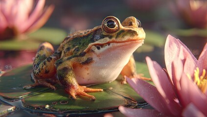 A frog resting on a lily pad in a tranquil water garden.