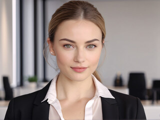 Confident young businesswoman with natural look in modern office