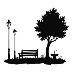 Black silhouette of a park scene with a tree bench and lampposts