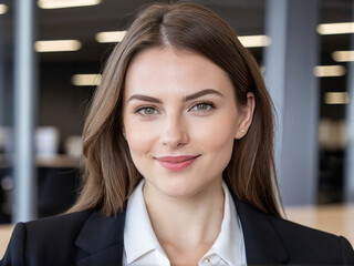 Confident young businesswoman with natural look in modern office