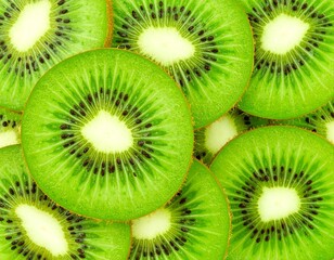 A vibrant and refreshing background of overlapping fresh green kiwi fruit slices, showcasing the natural pattern and healthy texture