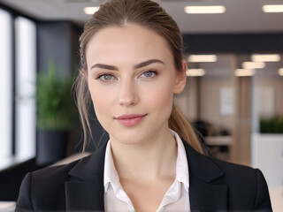Confident young businesswoman with natural look in modern office