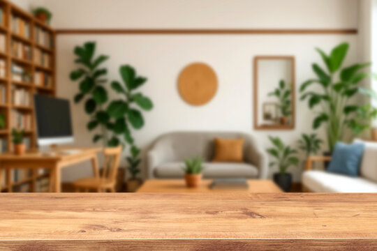 empty wooden table top blurred view of modern living room with sofa and soft bench. room interior with couch, armchair and coffee table or shelving units. stylish living room. comfortable workplace.