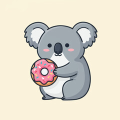 Naklejka premium Kawaii grey koala with pink cheeks holding a delicious donut with colorful sprinkles.