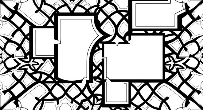 Abstract black and white graphic design with a repeating ornate pattern and blank white spaces for text or images