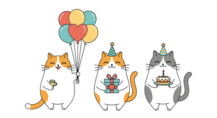 Fototapeta premium Adorable cute fat cats celebrating a special birthday party with balloons gifts and cake