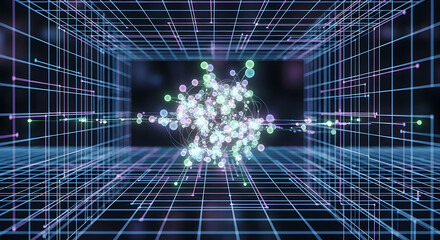 Dynamic data network visualization reveals complex connections and digital innovation in a futuristic cyberspace.