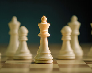 A close-up of a chess piece, featuring a prominent white king surrounded by other pieces on a chessboard.