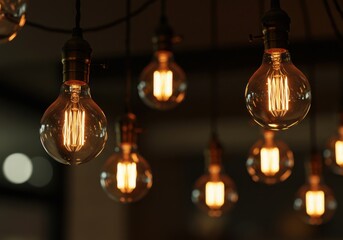 Vintage edison bulbs illuminate a dark room with warm glow