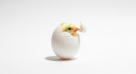 The Moment of Birth: Cute Chick Peeking from a White Egg.
