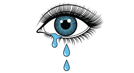 Beautiful blue eye crying tears of sadness water droplets falling down a face