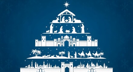 Christmas nativity scene depicted as a stylized white tree silhouette against a deep blue background, featuring biblical figures and camels