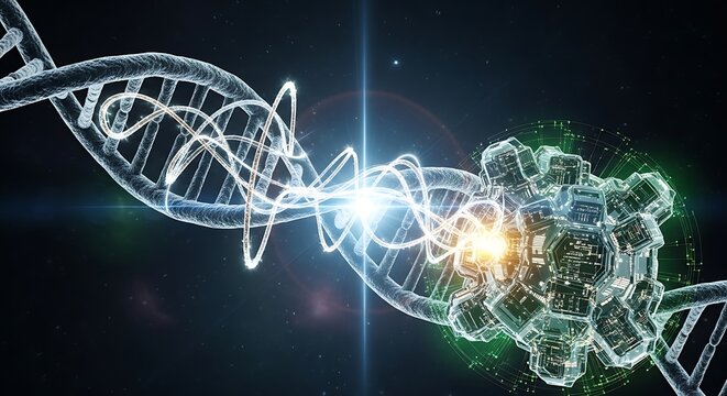 Futuristic nanotechnology concept with DNA strand and digital molecular machine symbolizing CRISPR-Cas9 gene editing and biotechnology innovation
