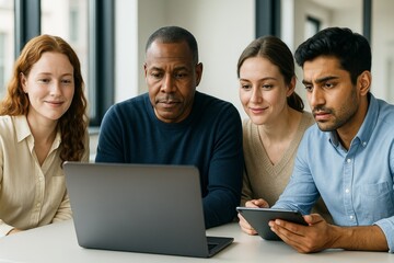 Diverse business team collaborating on laptop and tablet in modern light office background during creative industry meeting session together. Ai generative