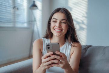 Happy young woman using smartphone at Home, smile and hold phone on her hand with internet technology use of shopping, search, chat, message at inddor living room with beautiful natural light