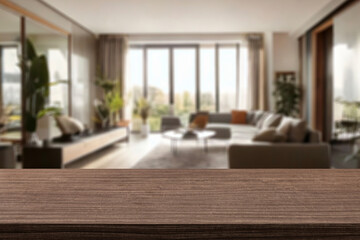 empty wooden table top blurred view of modern living room with sofa and soft bench. room interior with couch, armchair and coffee table or shelving units. stylish living room. comfortable workplace.