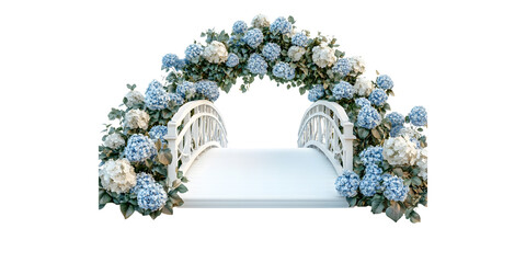 White arched bridge decorated with blue hydrangeas isolated on transparent background