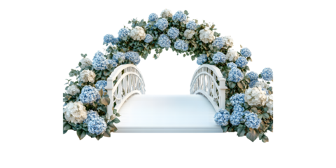 White arched bridge decorated with blue hydrangeas isolated on transparent background