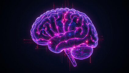 Futuristic Digital Brain Illustration with Glowing Neon Lines Artificial Intelligence Concept Neural Network Data Technology Innovation Cyber Mind and Virtual Intelligence Design